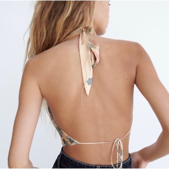 Zara Satin Effects Ecru Floral Halter Crop Top Boho Festival Summer Size Large W - Picture 2 of 5